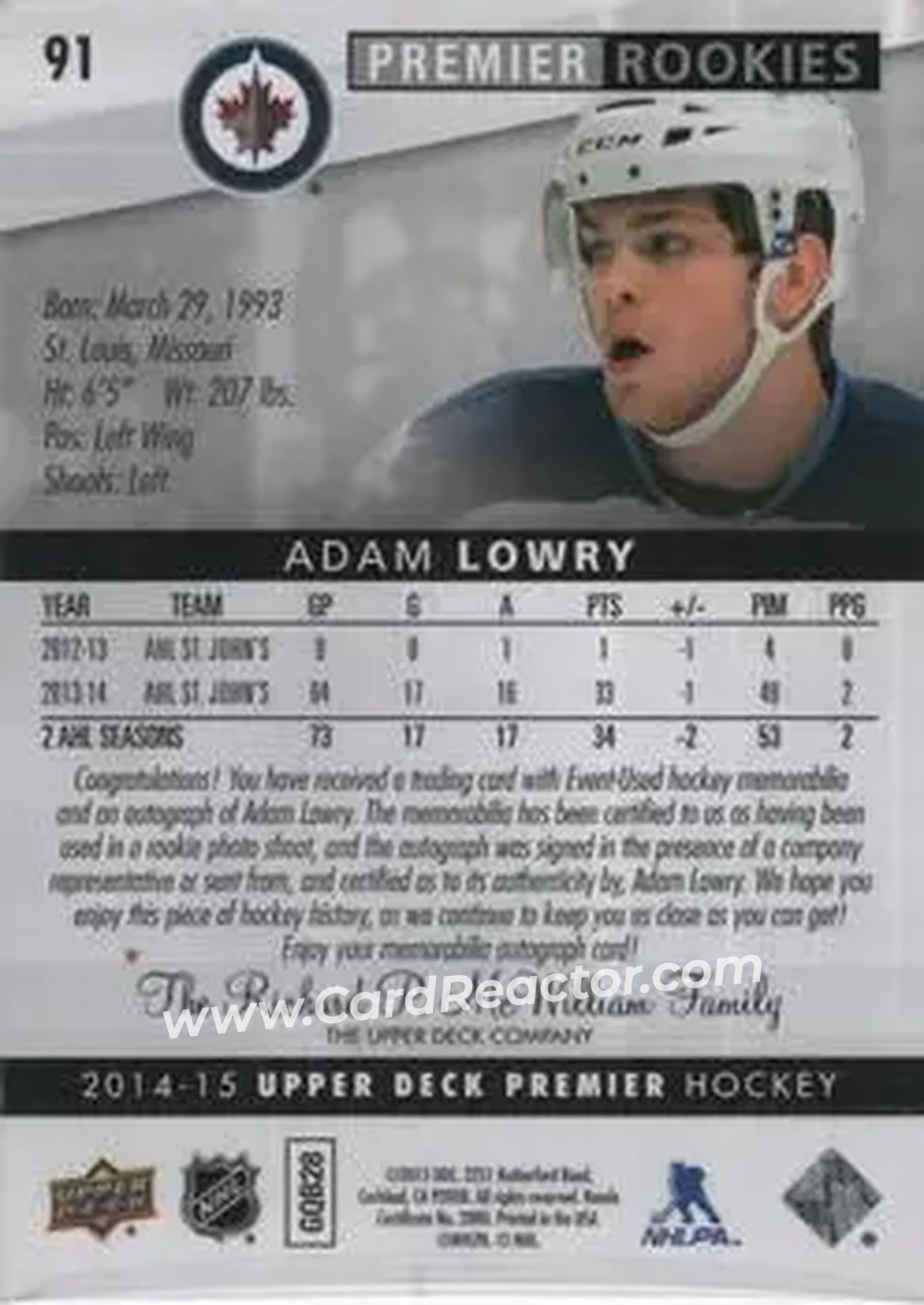 2014-15 Upper Deck Premier #91 - Adam Lowry - Winnipeg Jets - Back 2014-15 Upper Deck Premier #91 - Adam Lowry - Winnipeg Jets - Back
