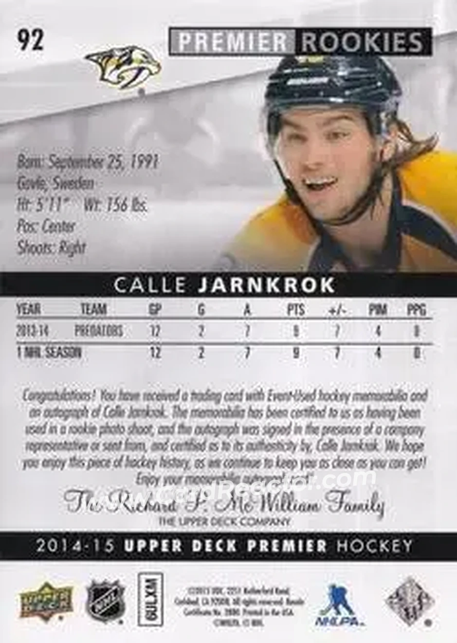 2014-15 Upper Deck Premier #92 - Calle Jarnkrok - Nashville Predators - Back