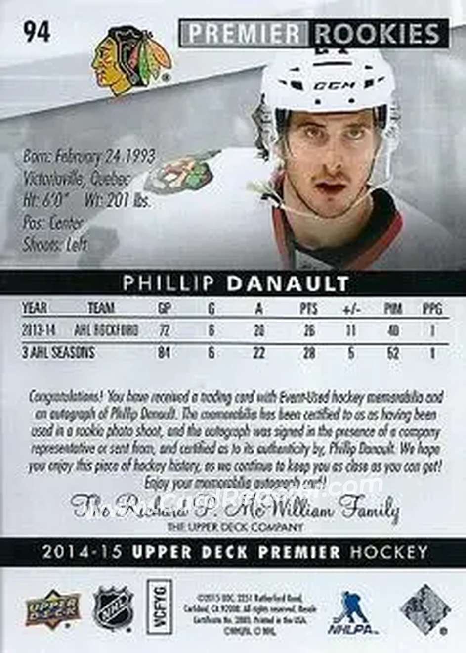 2014-15 Upper Deck Premier #94 - Phillip Danault - Chicago Blackhawks - Back