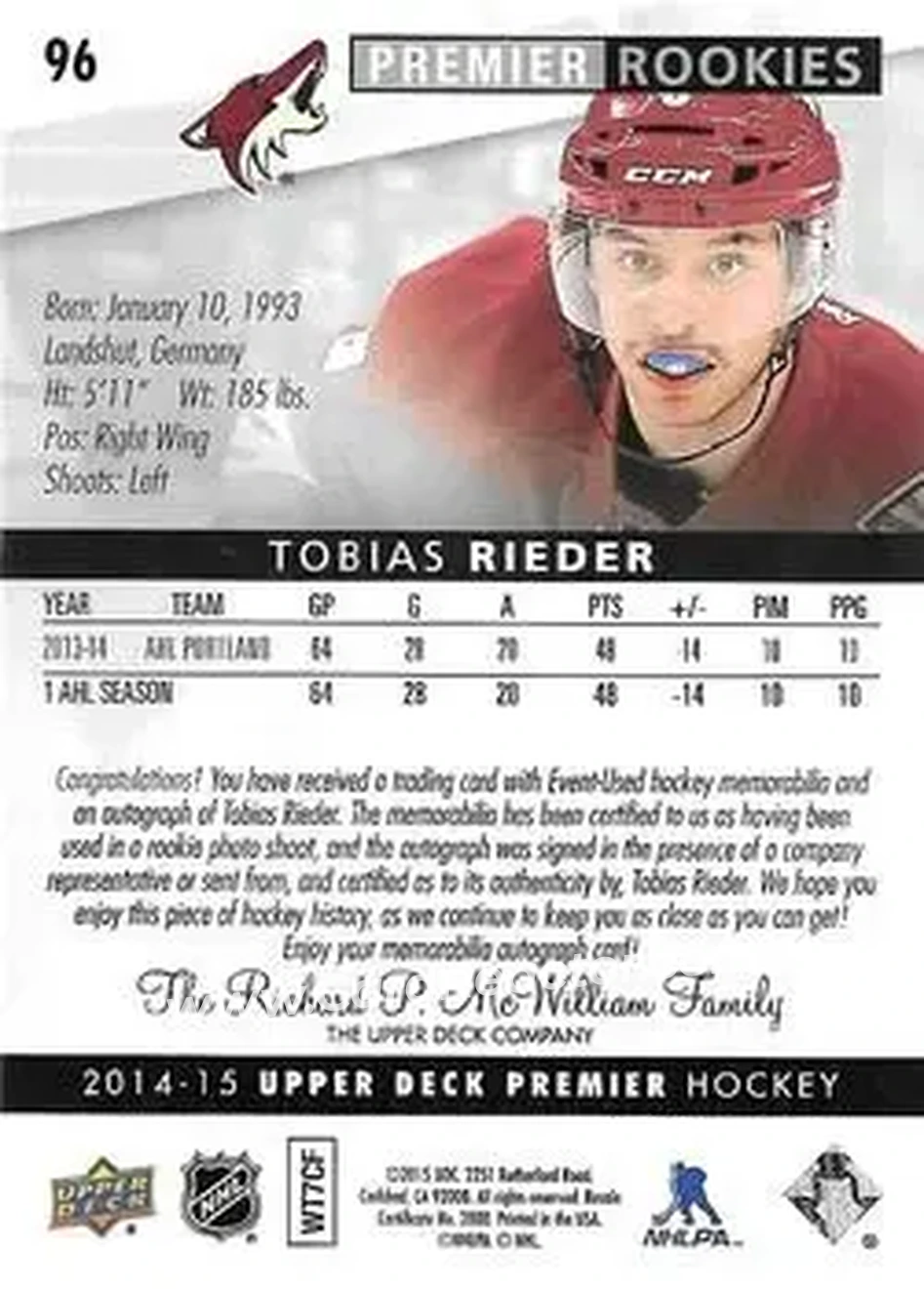 2014-15 Upper Deck Premier #96 - Tobias Rieder - Arizona Coyotes - Back