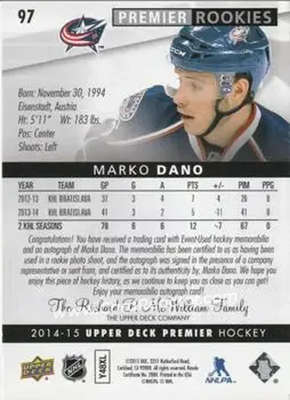 2014-15 Upper Deck Premier #97 - Marko Dano - Columbus Blue Jackets - Back