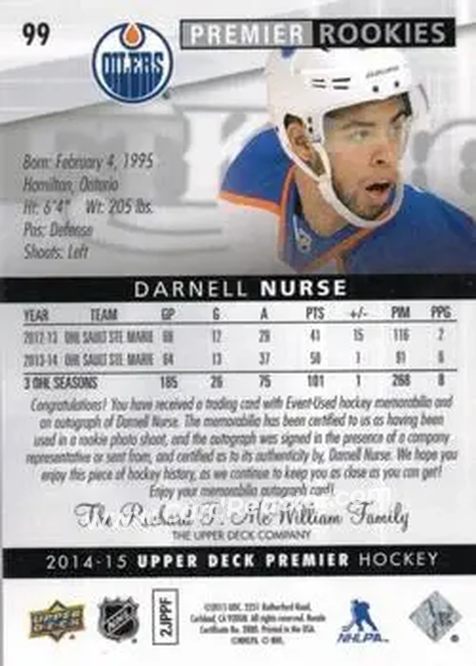 2014-15 Upper Deck Premier #99 - Darnell Nurse - Edmonton Oilers - Back