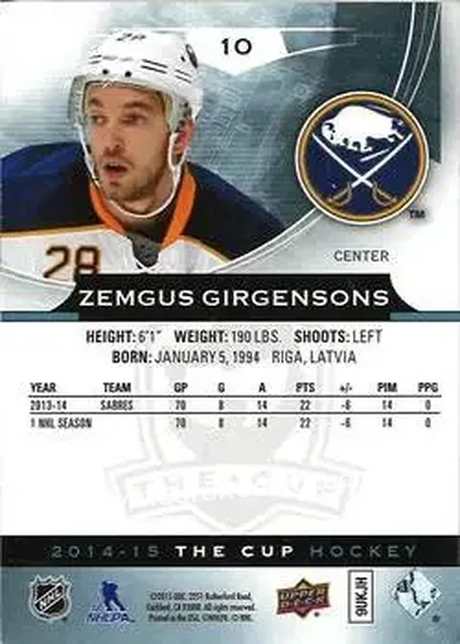 2014-15 Upper Deck The Cup #10 - Zemgus Girgensons - Buffalo Sabres - Back