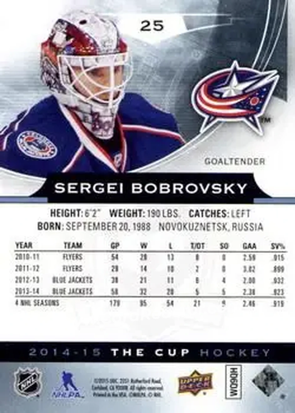 2014-15 Upper Deck The Cup #25 - Sergei Bobrovsky - Columbus Blue Jackets - Back