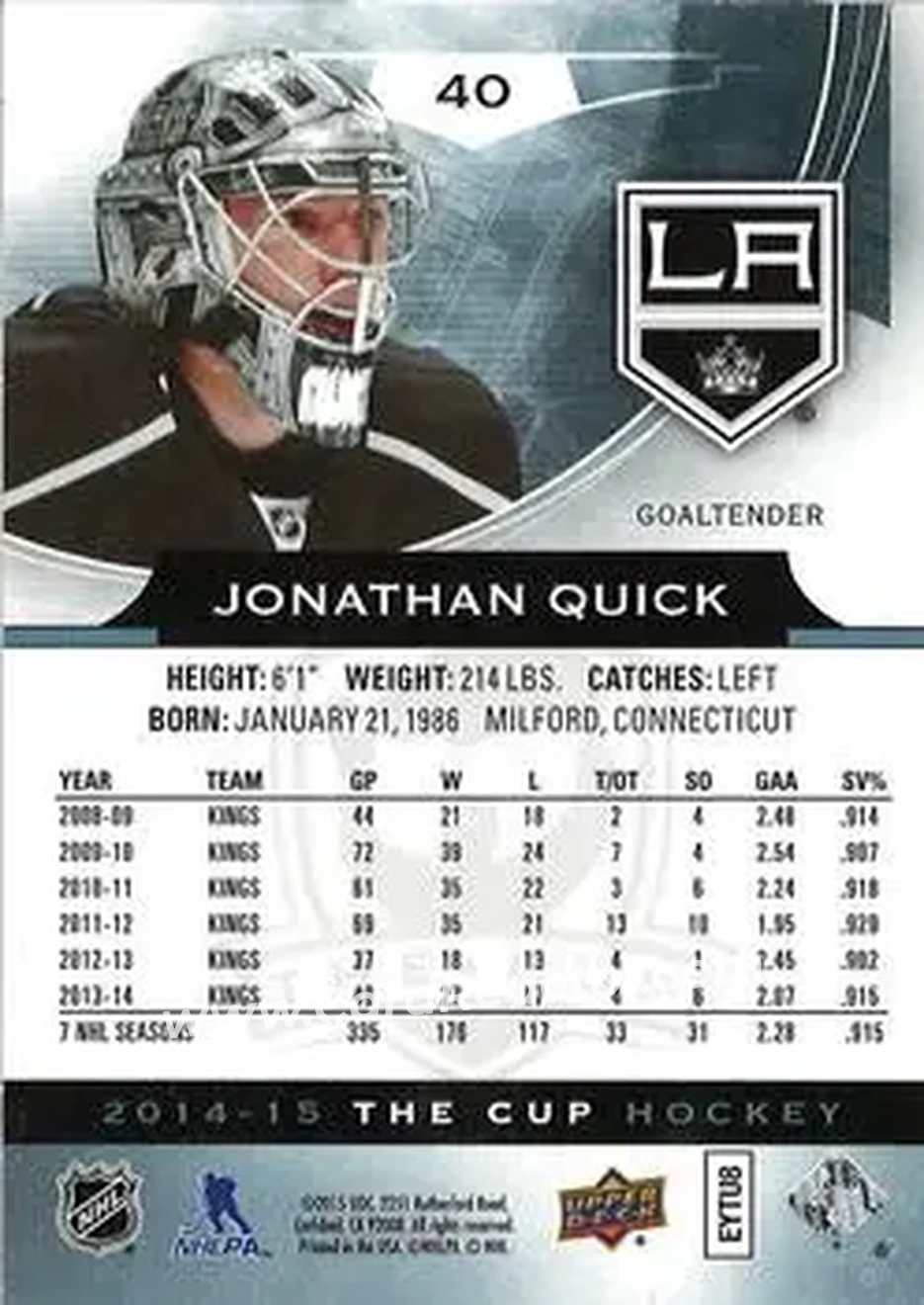 2014-15 Upper Deck The Cup #40 - Jonathan Quick - Los Angeles Kings - Back