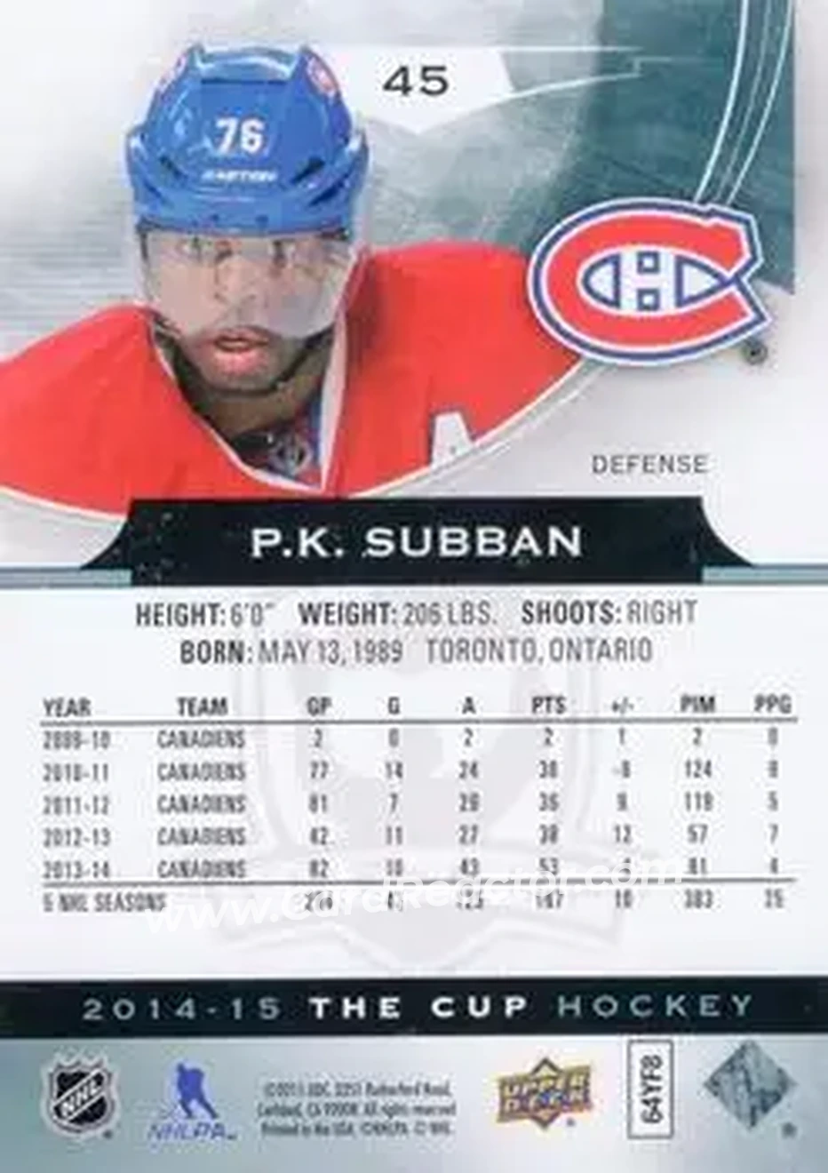 2014-15 Upper Deck The Cup #45 - P.K. Subban - Montreal Canadiens - Back