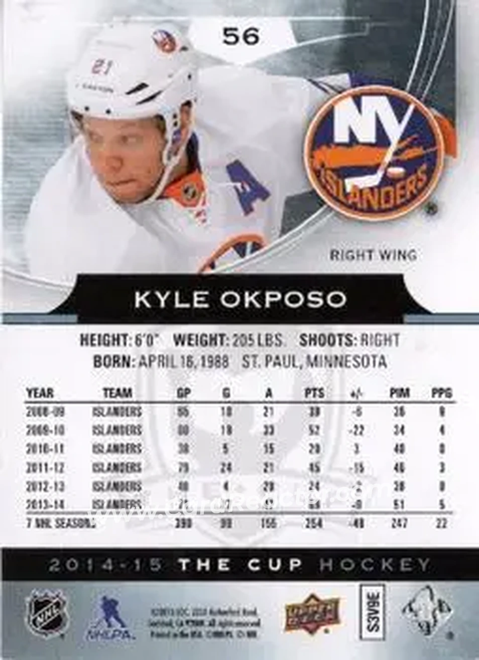 2014-15 Upper Deck The Cup #56 - Kyle Okposo - New York Islanders - Back