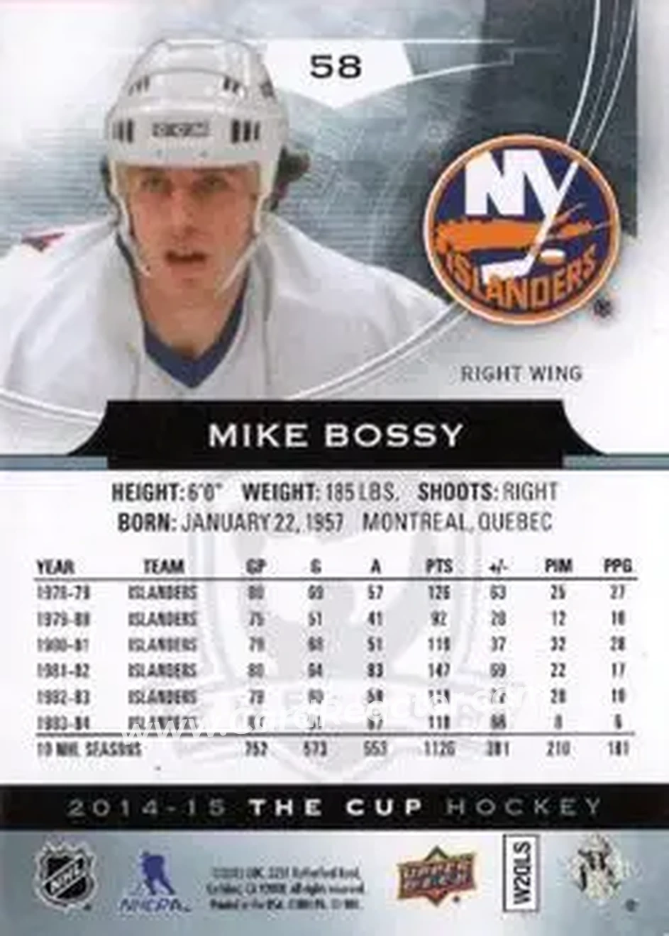 2014-15 Upper Deck The Cup #58 - Mike Bossy - New York Islanders - Back