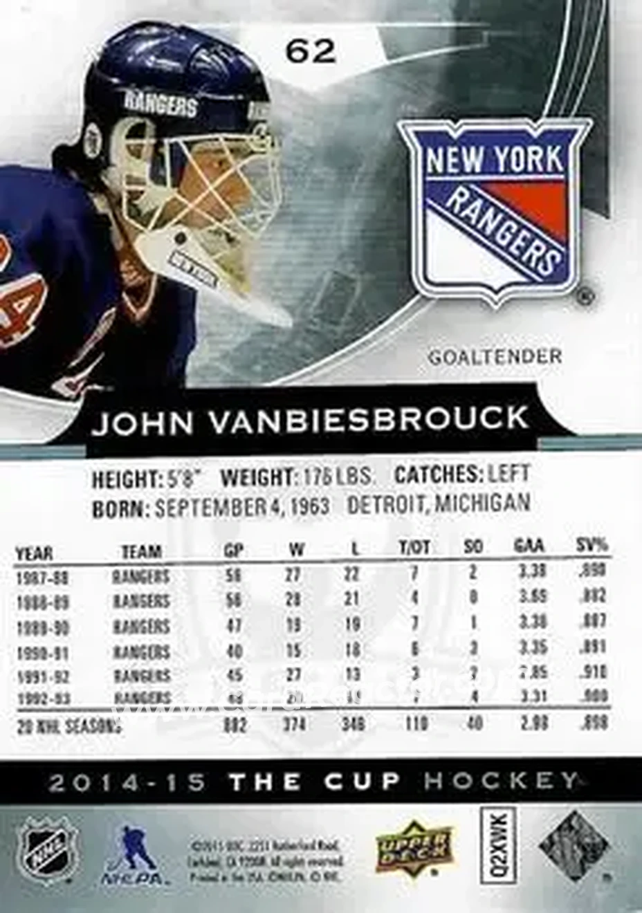 2014-15 Upper Deck The Cup #62 - John Vanbiesbrouck - New York Rangers - Back