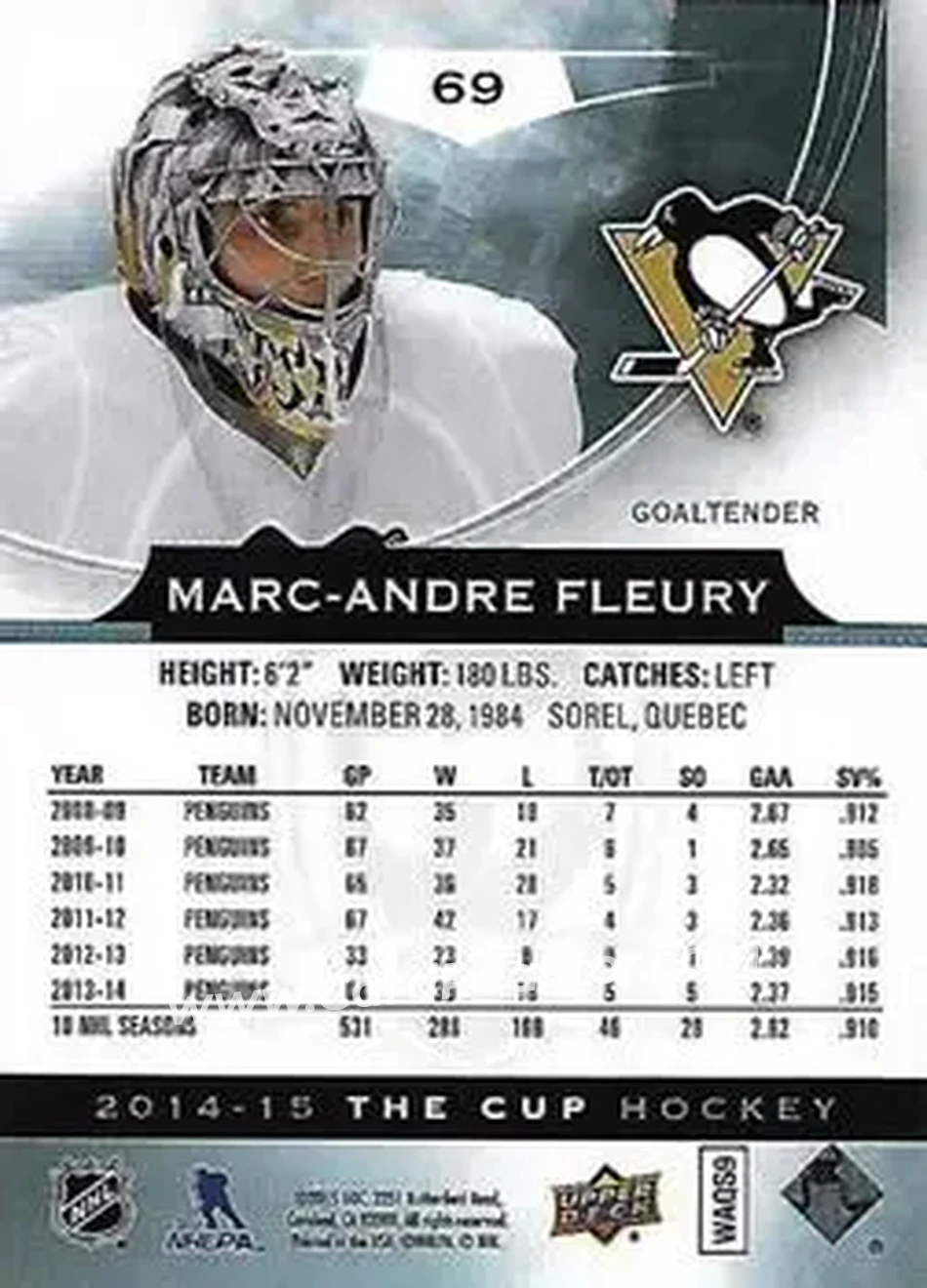 2014-15 Upper Deck The Cup #69 - Marc-Andre Fleury - Pittsburgh Penguins - Back