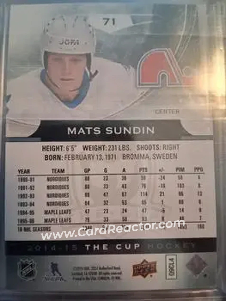 2014-15 Upper Deck The Cup #71 - Mats Sundin - Quebec Nordiques - Back