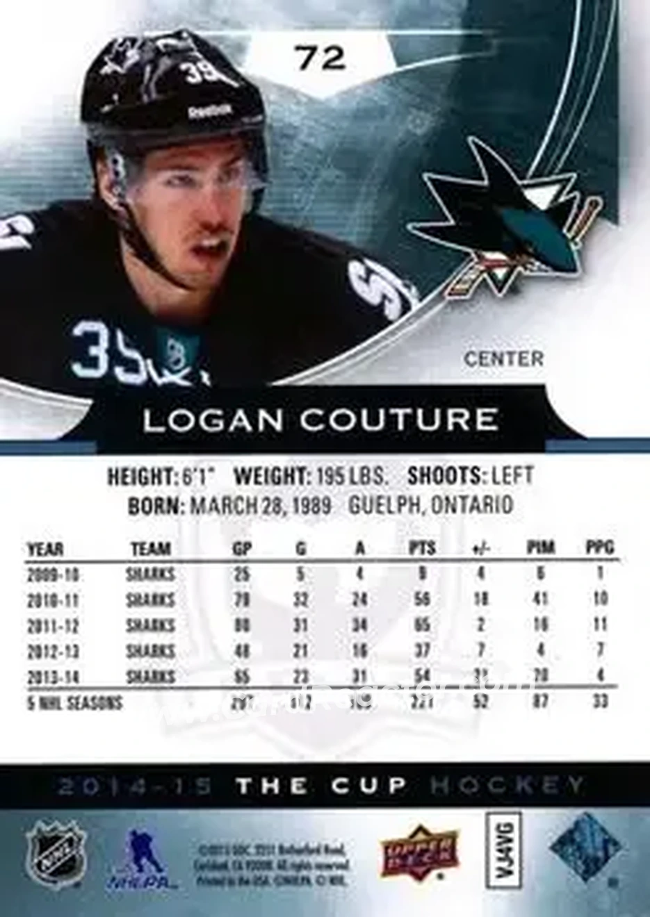 2014-15 Upper Deck The Cup #72 - Logan Couture - San Jose Sharks - Back