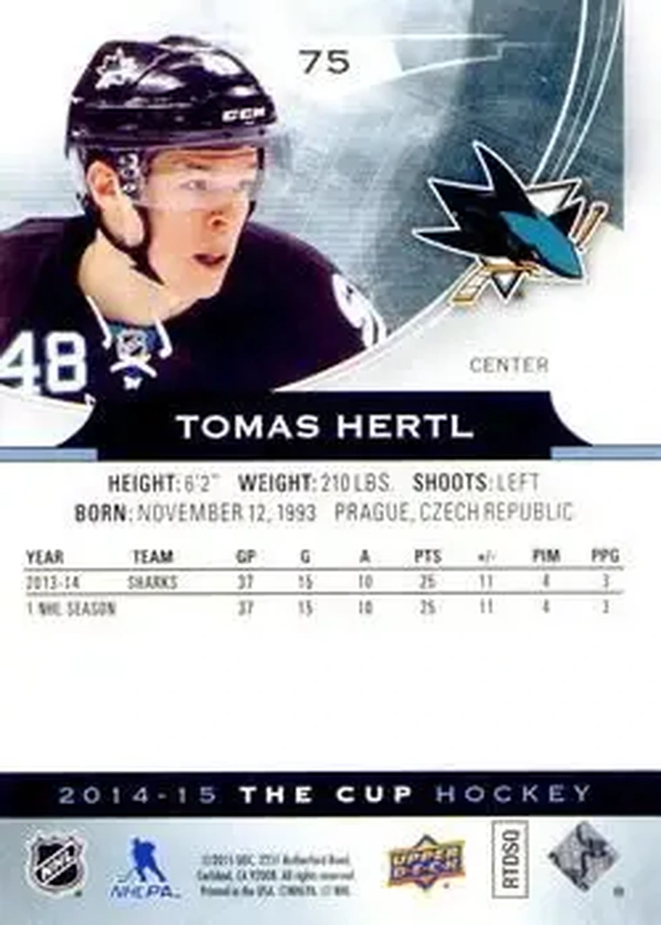 2014-15 Upper Deck The Cup #75 - Tomas Hertl - San Jose Sharks - Back
