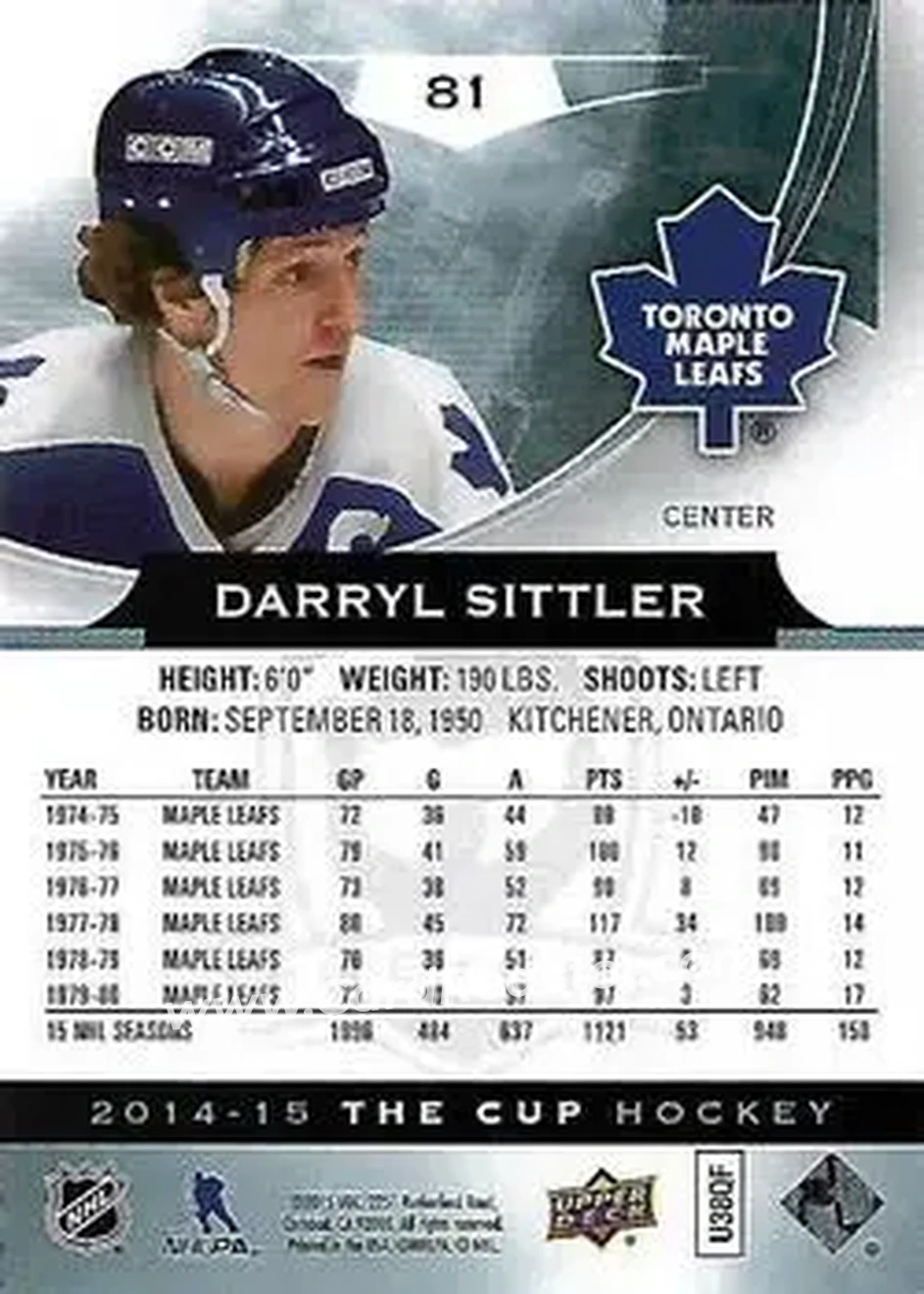 2014-15 Upper Deck The Cup #81 - Darryl Sittler - Toronto Maple Leafs - Back