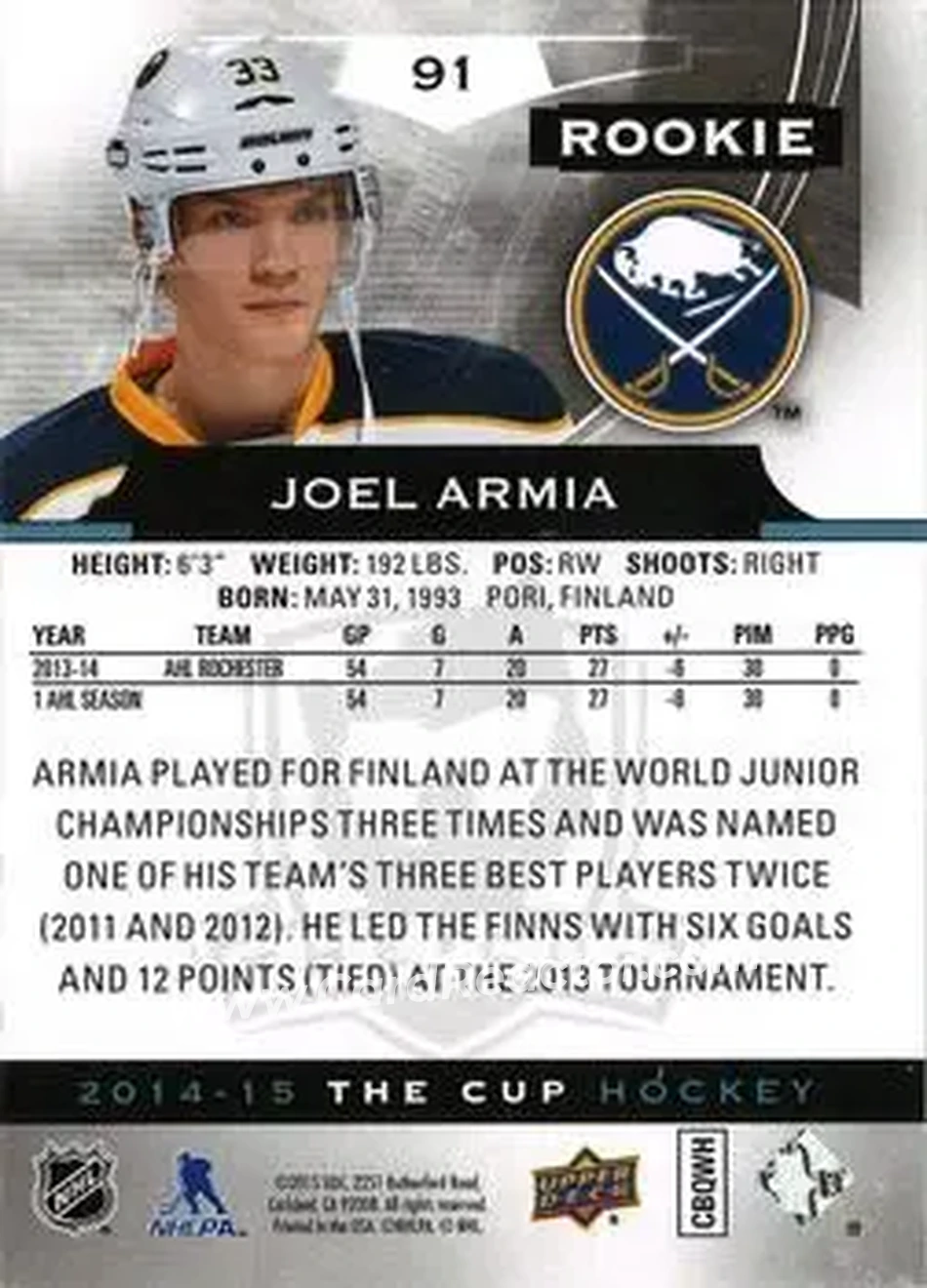 2014-15 Upper Deck The Cup #91 - Joel Armia - Buffalo Sabres - Back