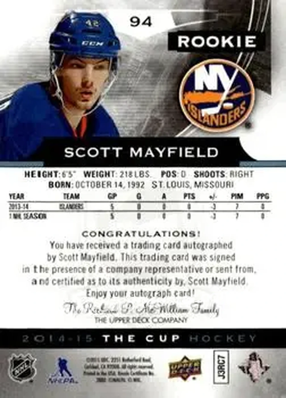2014-15 Upper Deck The Cup #94 - Scott Mayfield - New York Islanders - Back
