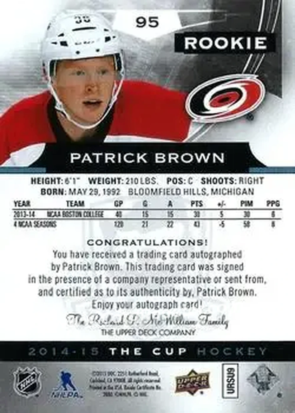 2014-15 Upper Deck The Cup #95 - Patrick Brown - Carolina Hurricanes - Back 2014-15 Upper Deck The Cup #95 - Patrick Brown - Carolina Hurricanes - Back