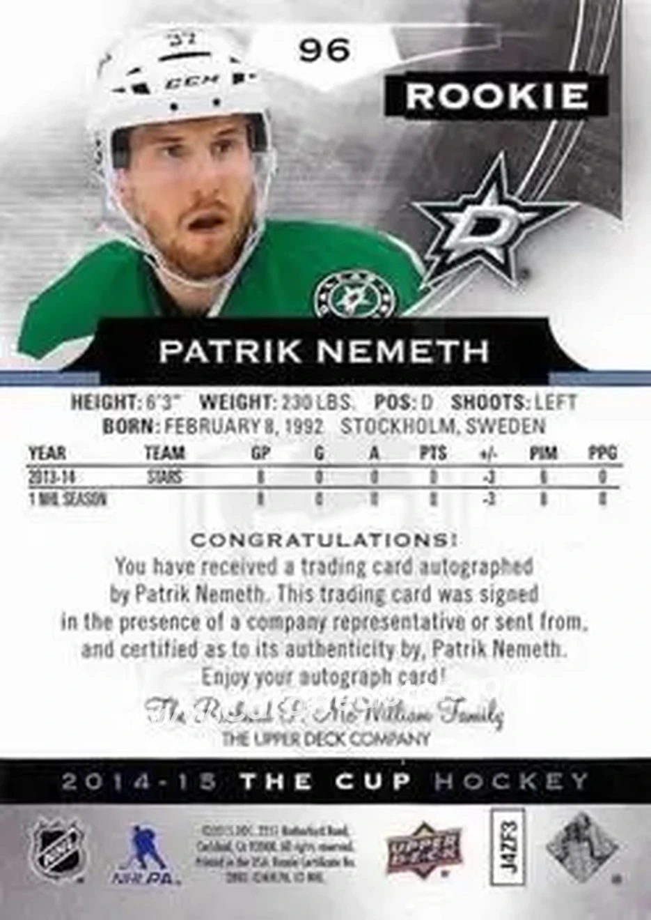 2014-15 Upper Deck The Cup #96 - Patrik Nemeth - Dallas Stars - Back