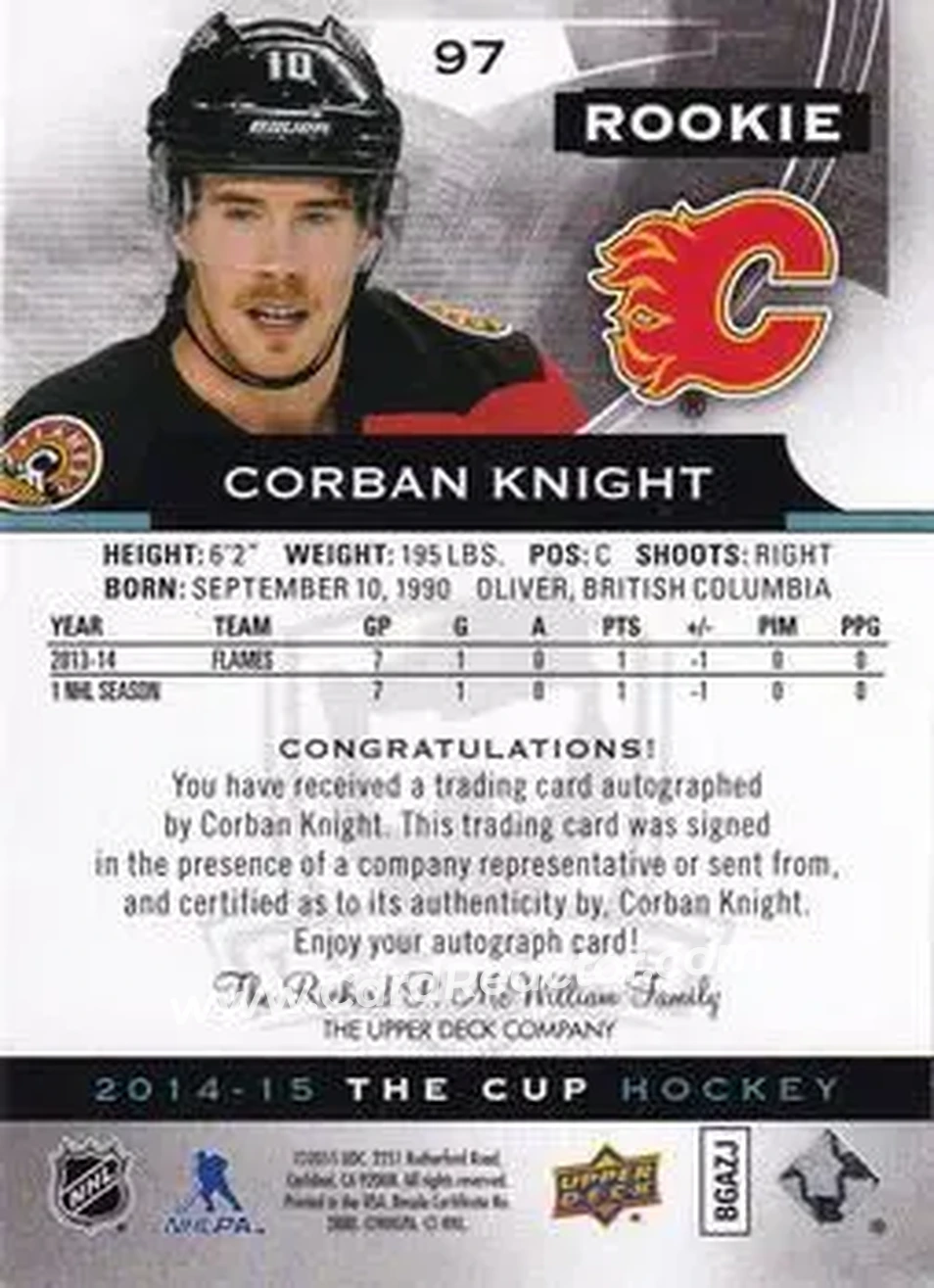 2014-15 Upper Deck The Cup #97 - Corban Knight - Calgary Flames - Back