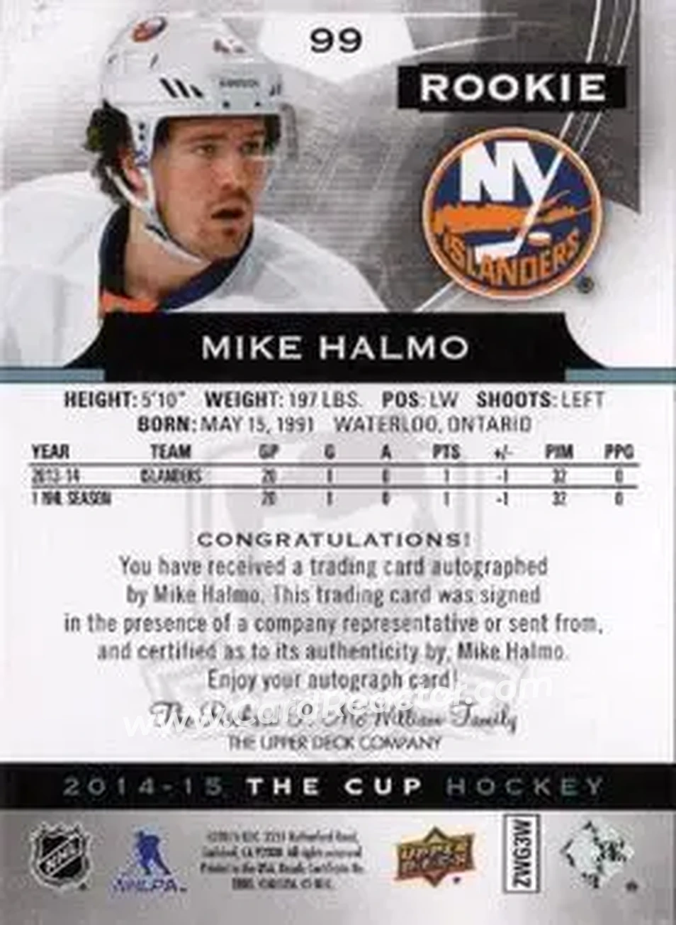 2014-15 Upper Deck The Cup #99 - Mike Halmo - New York Islanders - Back