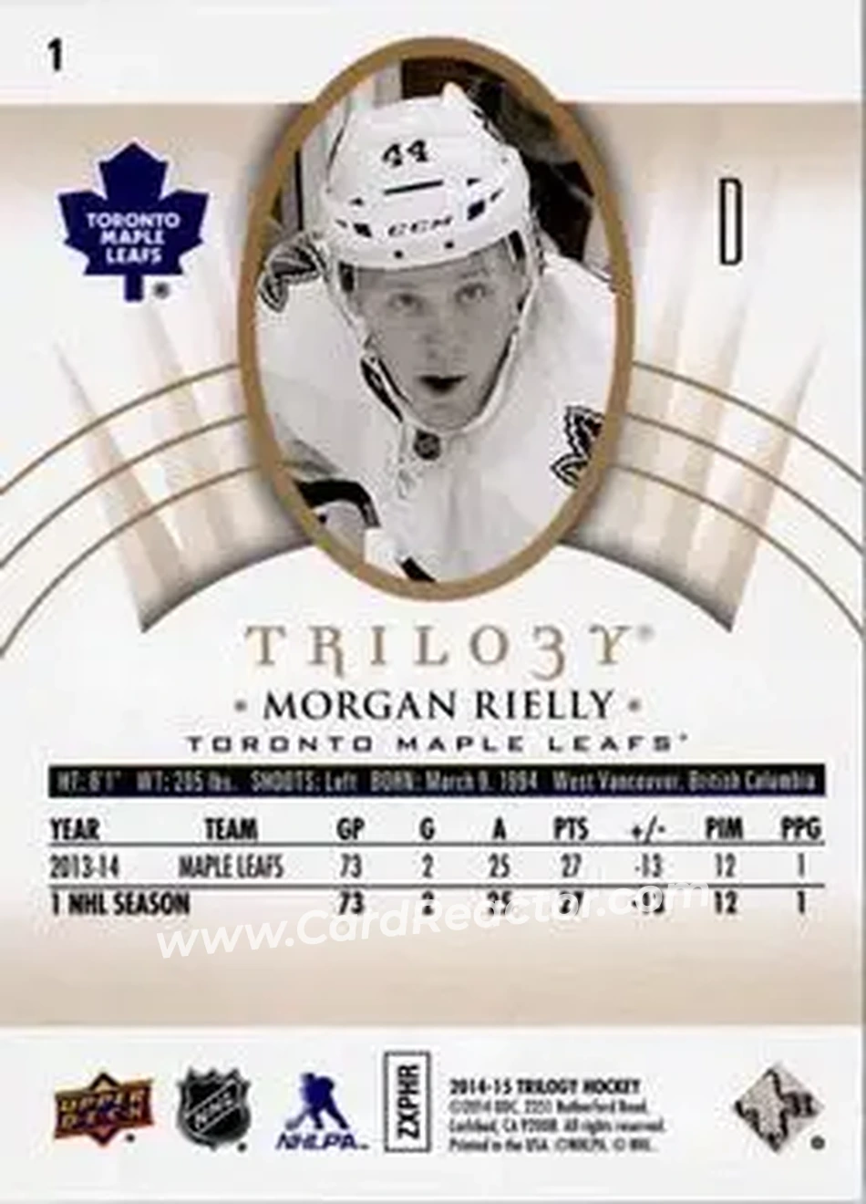 2014-15 Upper Deck Trilogy #1 - Morgan Rielly - Toronto Maple Leafs - Back