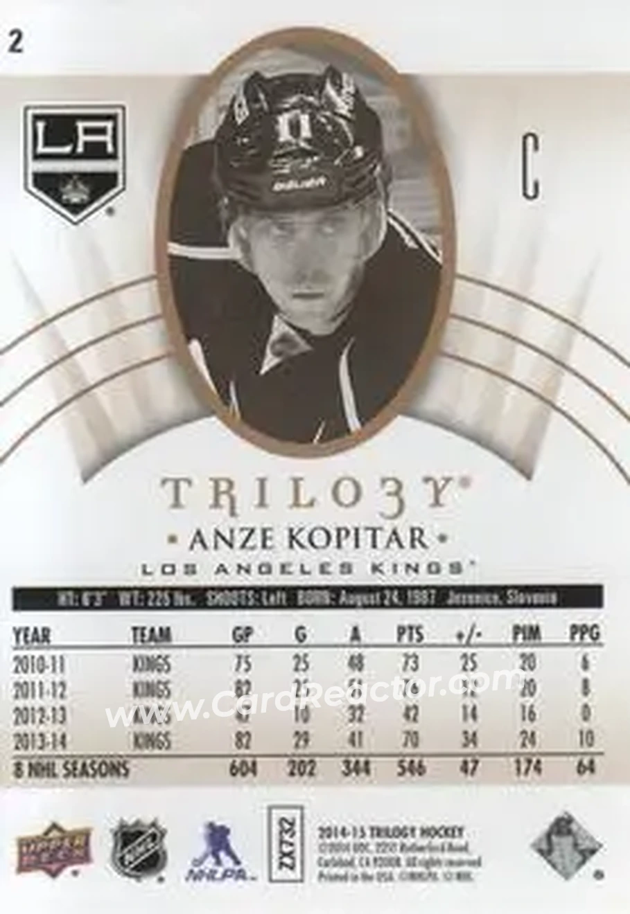 2014-15 Upper Deck Trilogy #2 - Anze Kopitar - Los Angeles Kings - Back