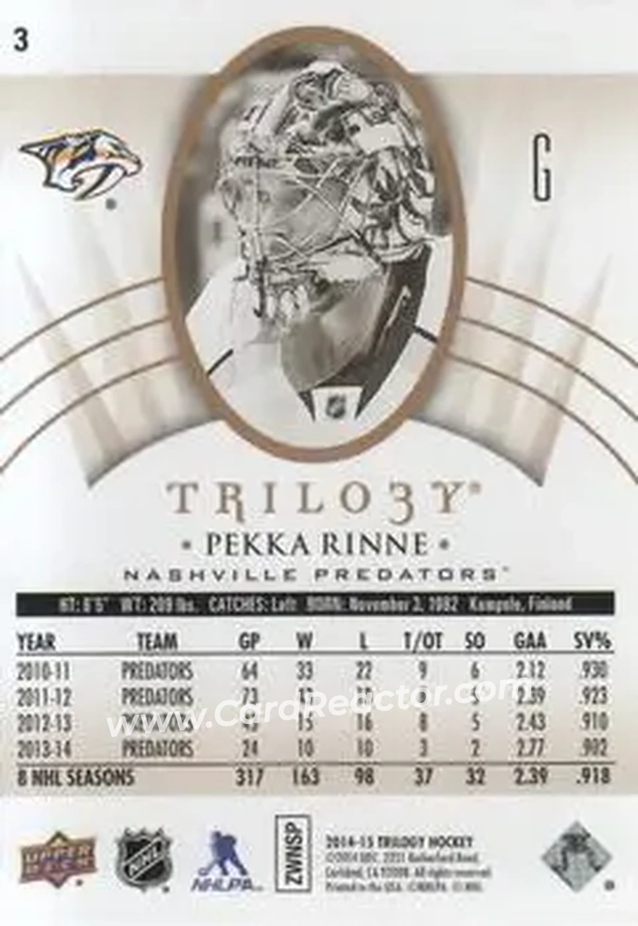 2014-15 Upper Deck Trilogy #3 - Pekka Rinne - Nashville Predators - Back