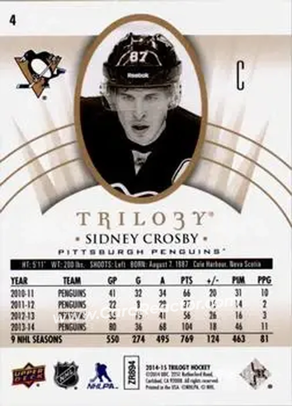 2014-15 Upper Deck Trilogy #4 - Sidney Crosby - Pittsburgh Penguins - Back