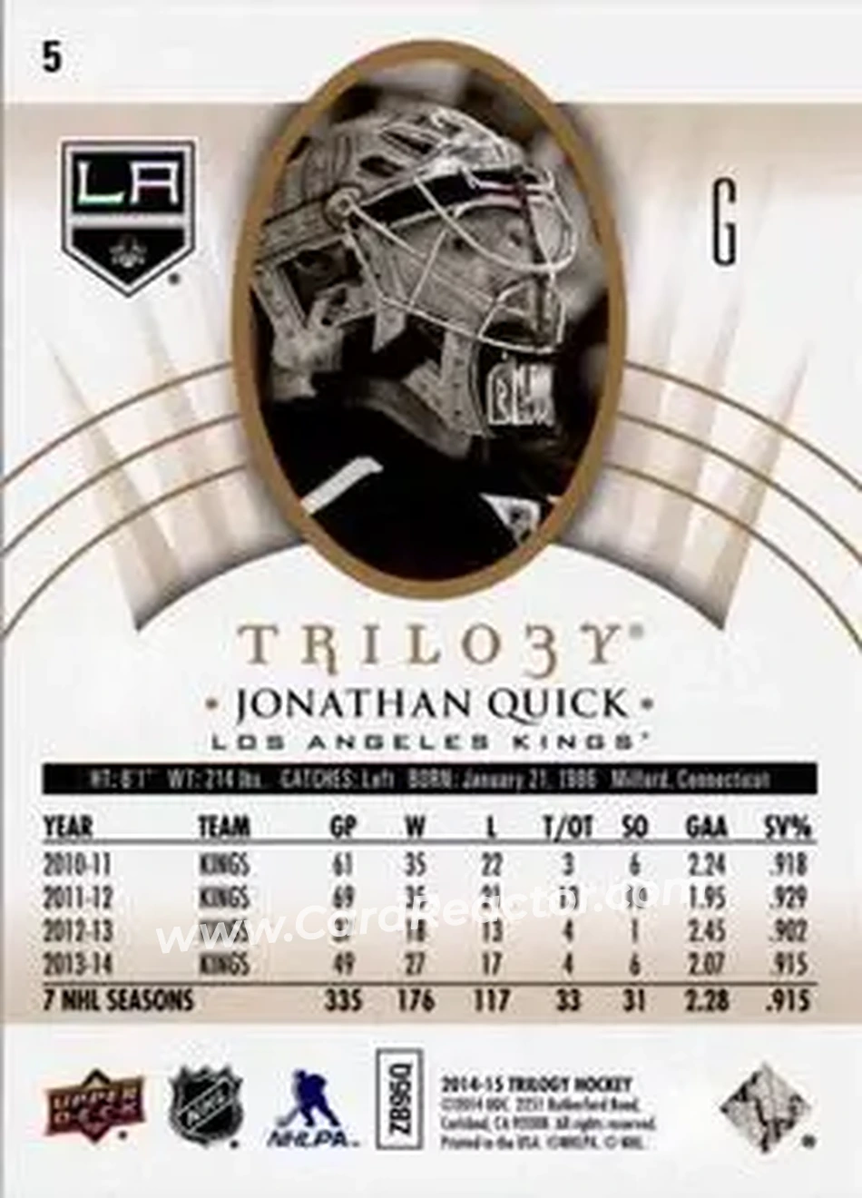 2014-15 Upper Deck Trilogy #5 - Jonathan Quick - Los Angeles Kings - Back