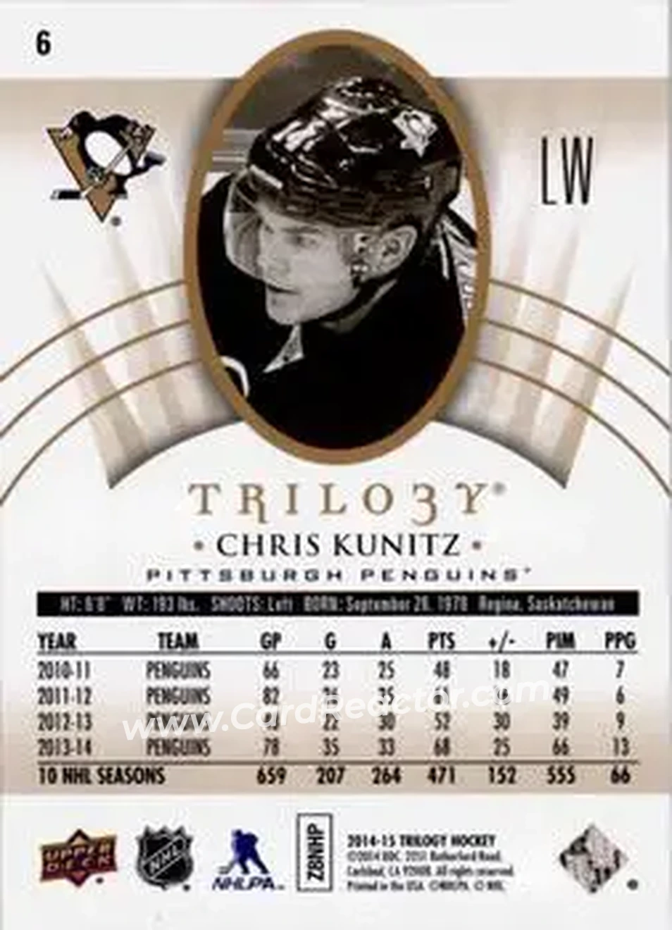 2014-15 Upper Deck Trilogy #6 - Chris Kunitz - Pittsburgh Penguins - Back