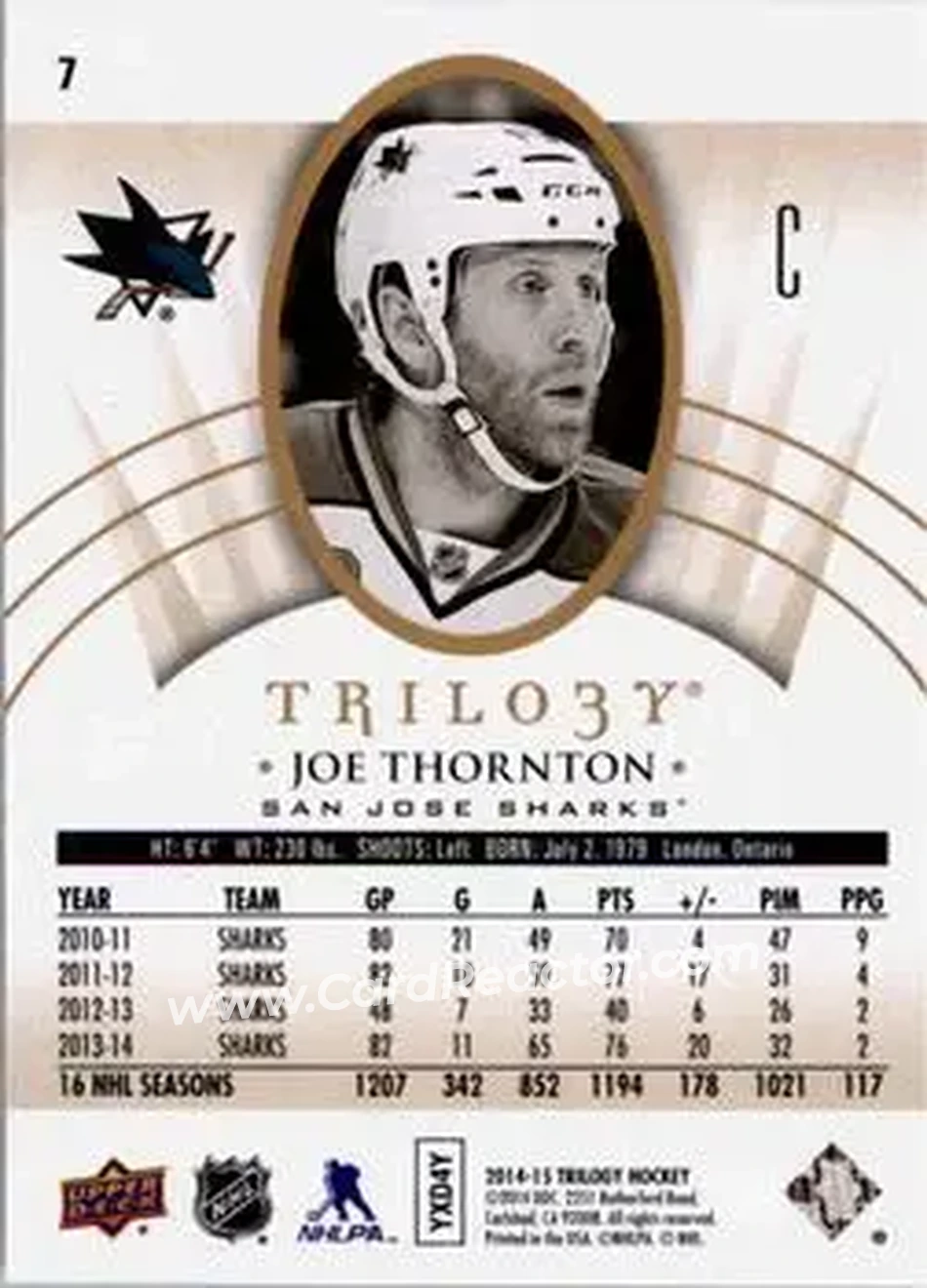 2014-15 Upper Deck Trilogy #7 - Joe Thornton - San Jose Sharks - Back