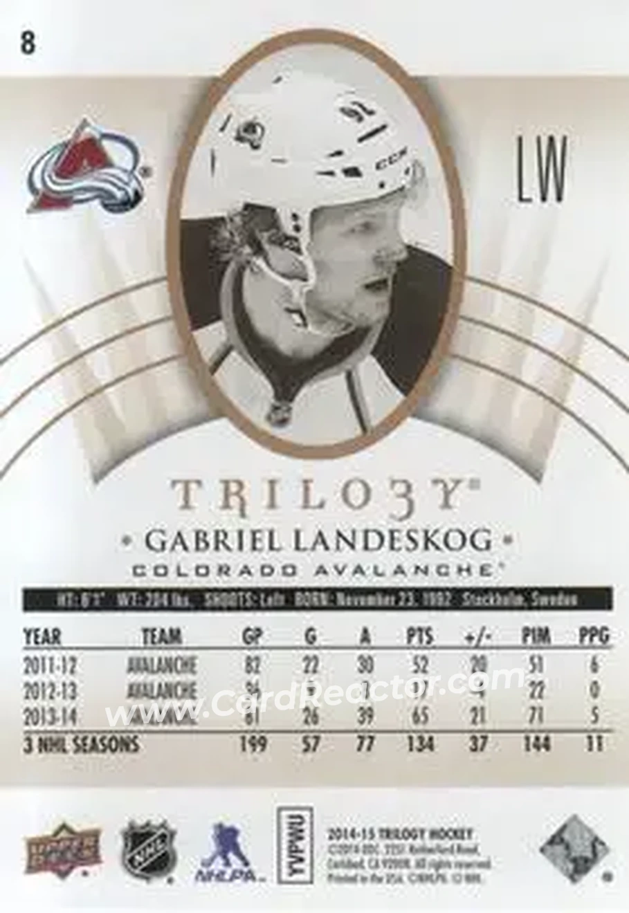 2014-15 Upper Deck Trilogy #8 - Gabriel Landeskog - Colorado Avalanche - Back