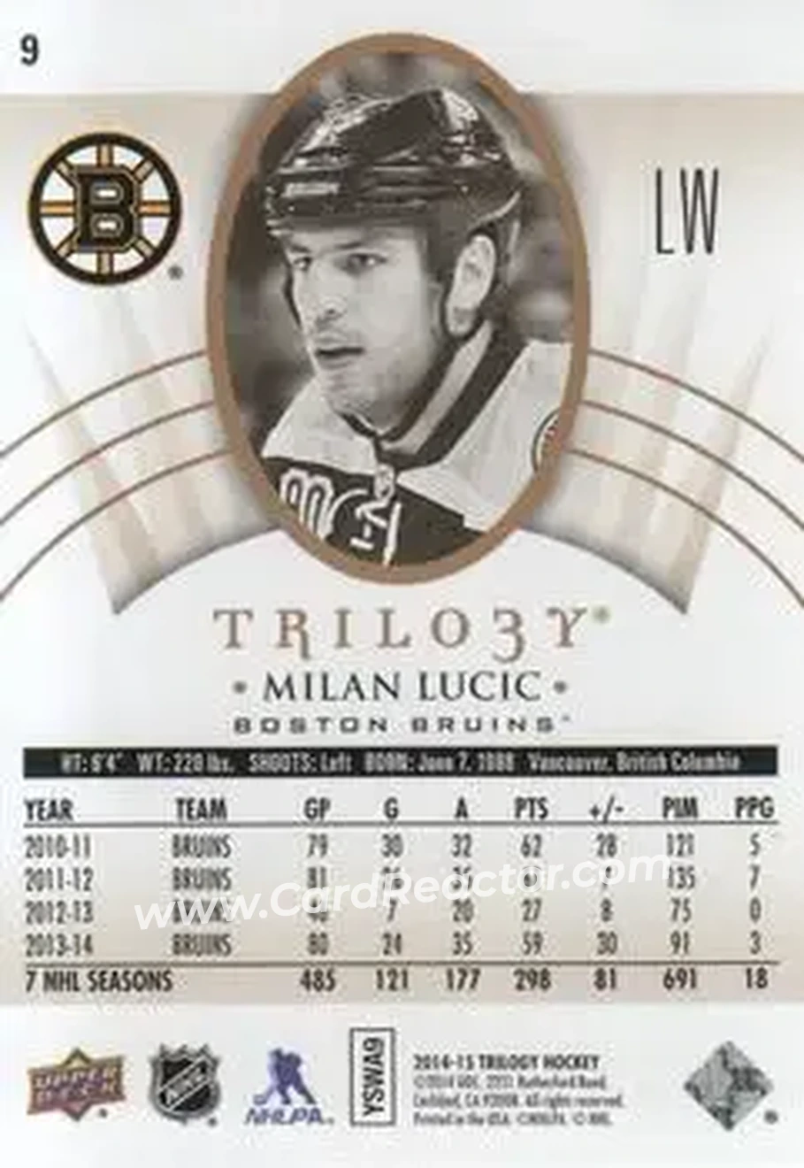 2014-15 Upper Deck Trilogy #9 - Milan Lucic - Boston Bruins - Back