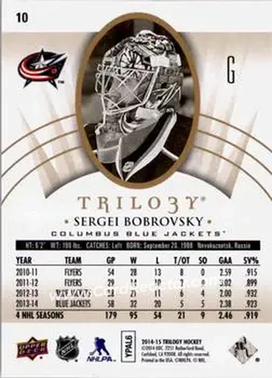 2014-15 Upper Deck Trilogy #10 - Sergei Bobrovsky - Columbus Blue Jackets - Back
