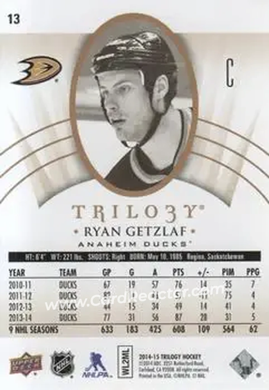 2014-15 Upper Deck Trilogy #13 - Ryan Getzlaf - Anaheim Ducks - Back
