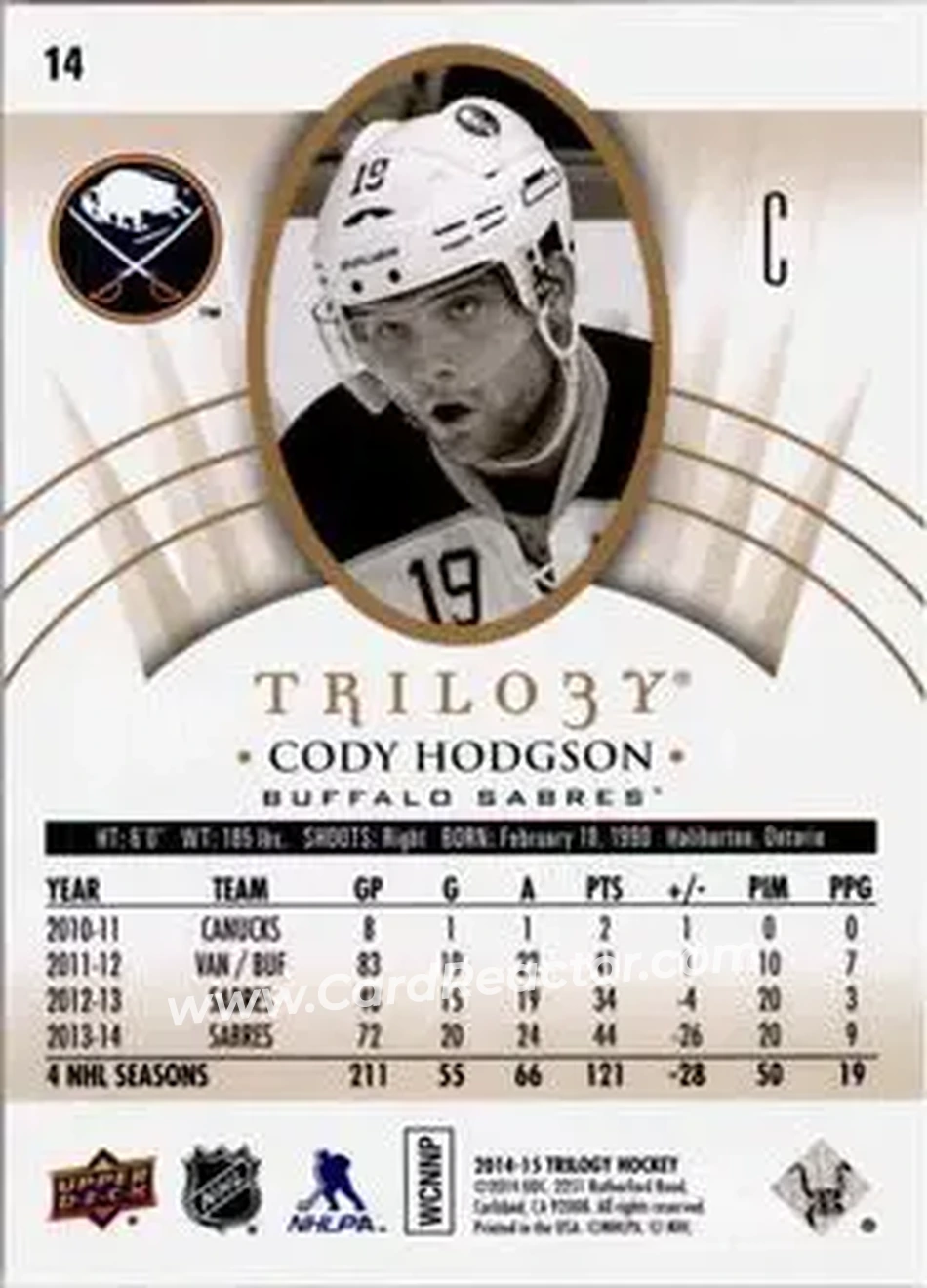 2014-15 Upper Deck Trilogy #14 - Cody Hodgson - Buffalo Sabres - Back