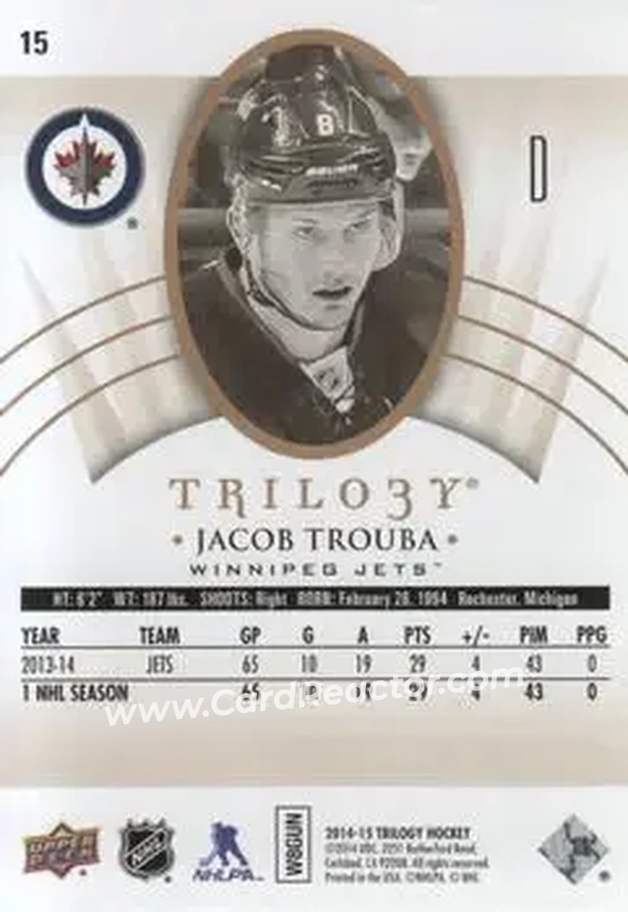2014-15 Upper Deck Trilogy #15 - Jacob Trouba - Winnipeg Jets - Back