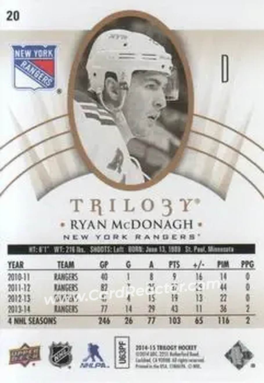 2014-15 Upper Deck Trilogy #20 - Ryan McDonagh - New York Rangers - Back