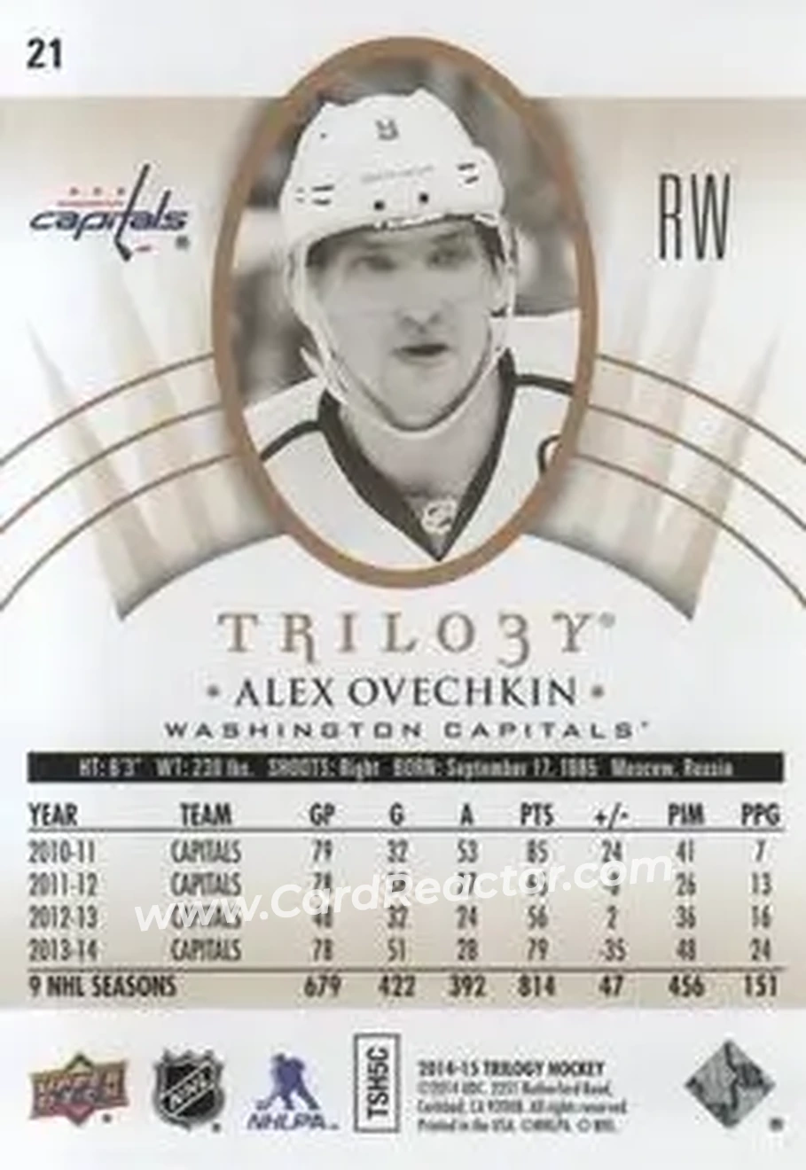 2014-15 Upper Deck Trilogy #21 - Alex Ovechkin - Washington Capitals - Back