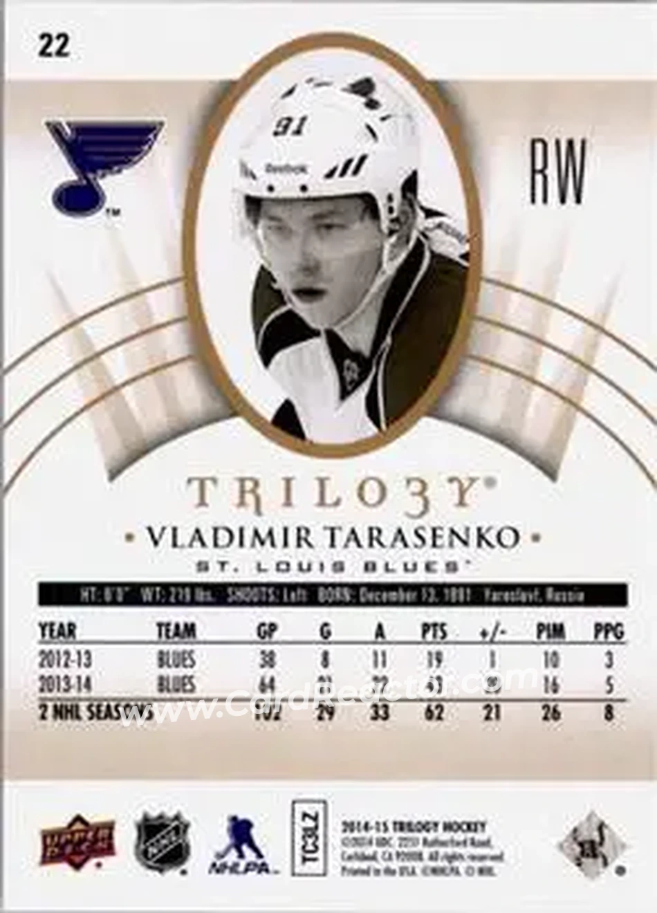 2014-15 Upper Deck Trilogy #22 - Vladimir Tarasenko - St. Louis Blues - Back
