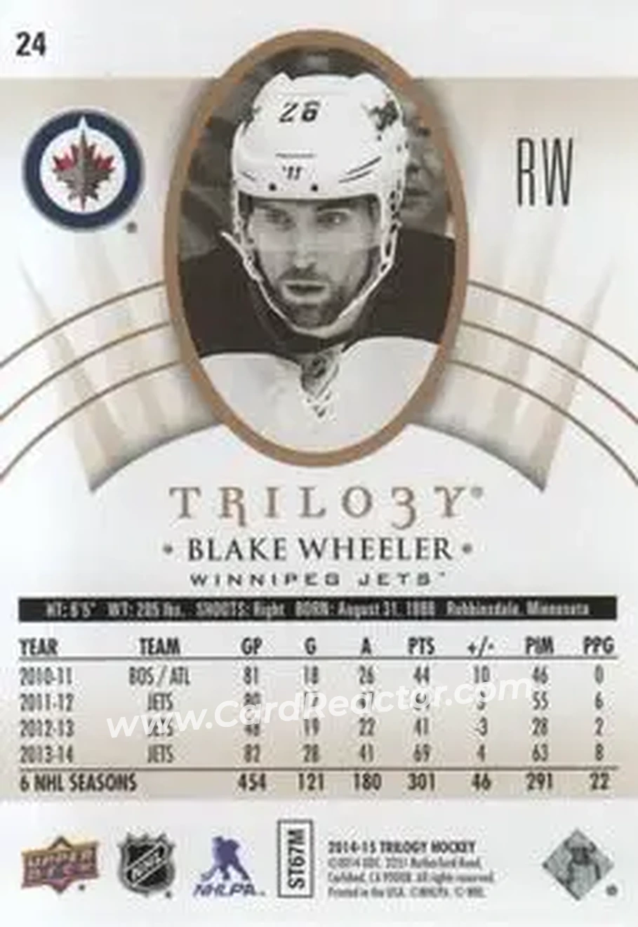 2014-15 Upper Deck Trilogy #24 - Blake Wheeler - Winnipeg Jets - Back