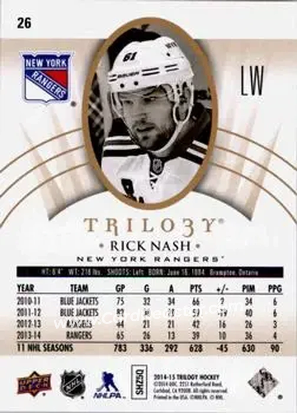 2014-15 Upper Deck Trilogy #26 - Rick Nash - New York Rangers - Back