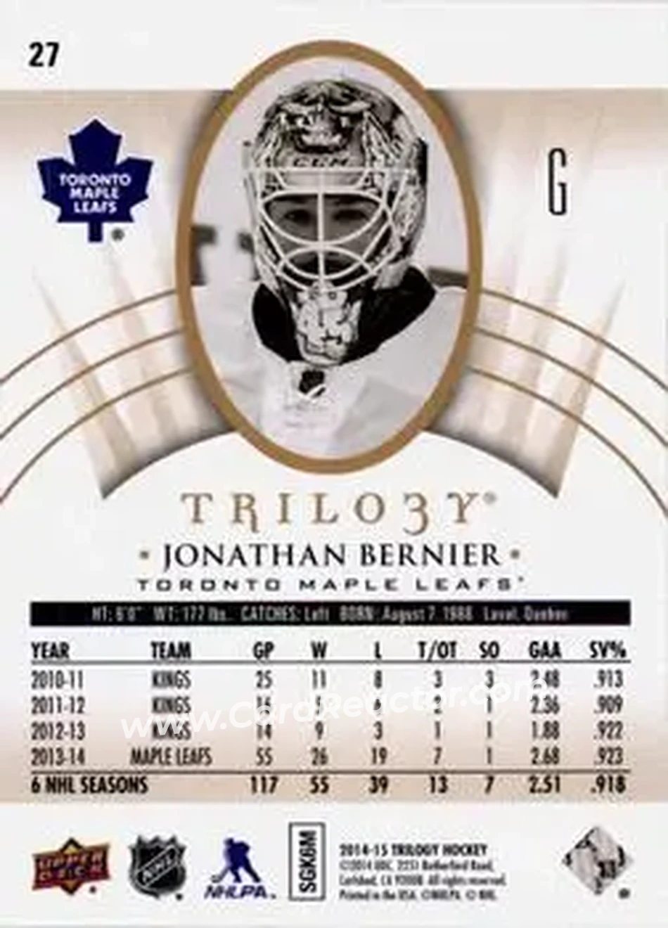 2014-15 Upper Deck Trilogy #27 - Jonathan Bernier - Toronto Maple Leafs - Back