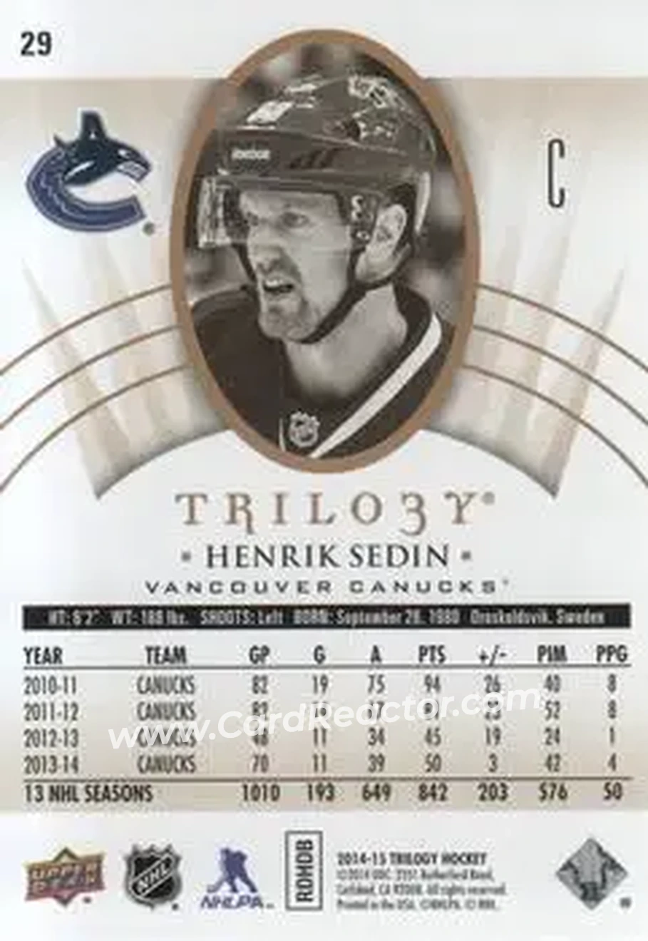 2014-15 Upper Deck Trilogy #29 - Henrik Sedin - Vancouver Canucks - Back
