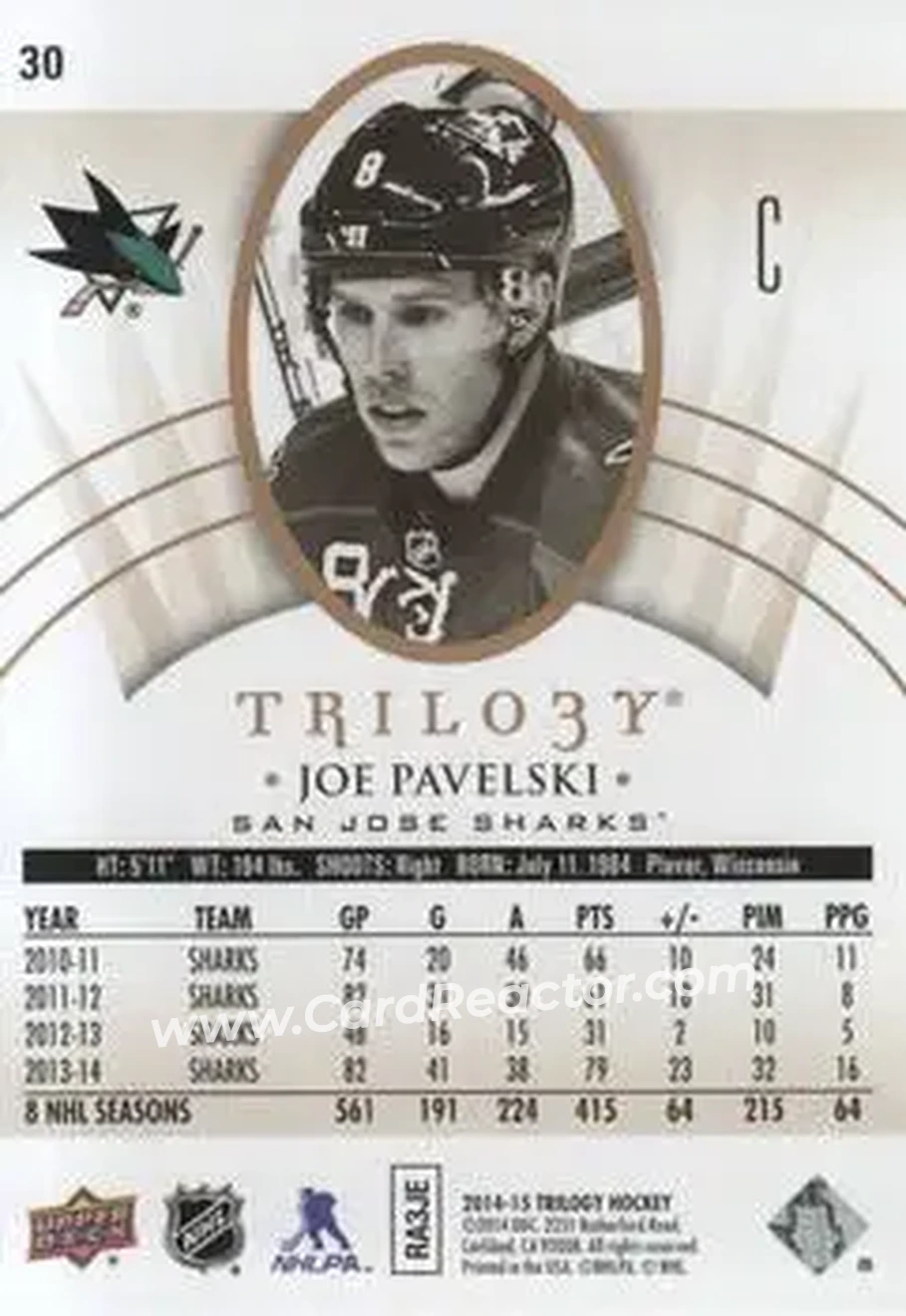 2014-15 Upper Deck Trilogy #30 - Joe Pavelski - San Jose Sharks - Back