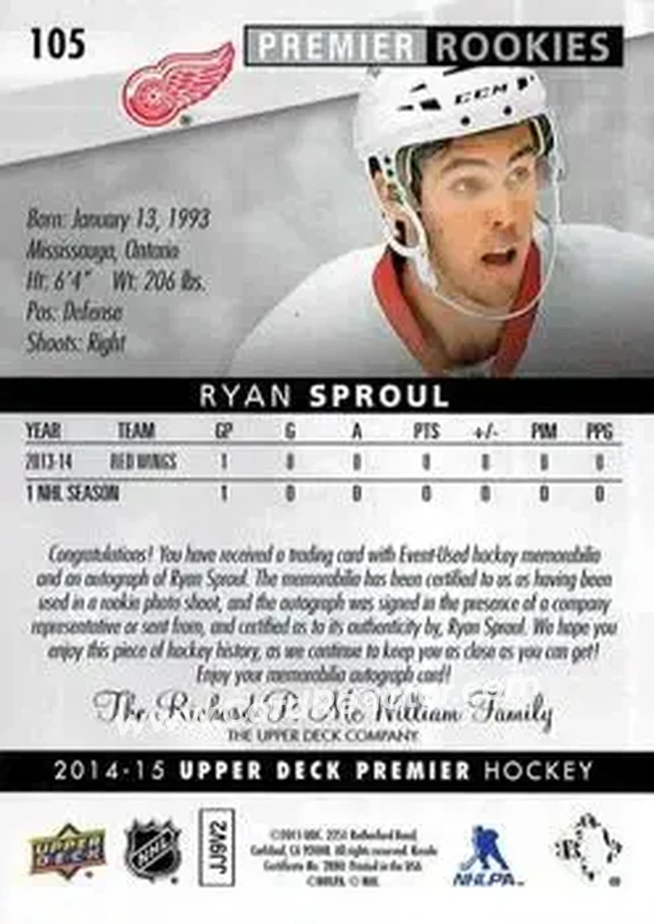 2014-15 Upper Deck Premier #105 - Ryan Sproul - Detroit Red Wings - Back