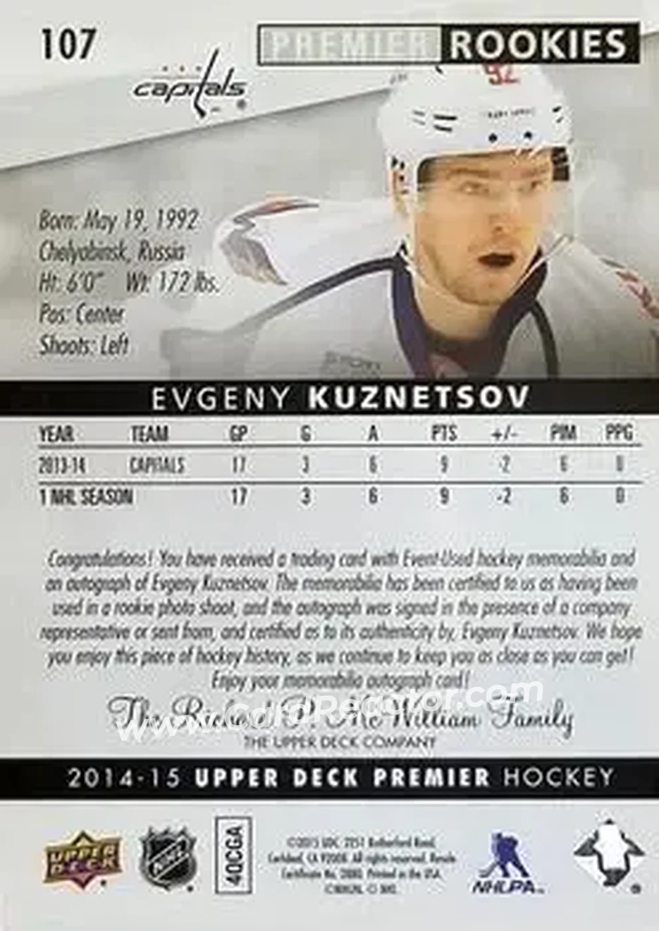 2014-15 Upper Deck Premier #107 - Evgeny Kuznetsov - Washington Capitals - Back