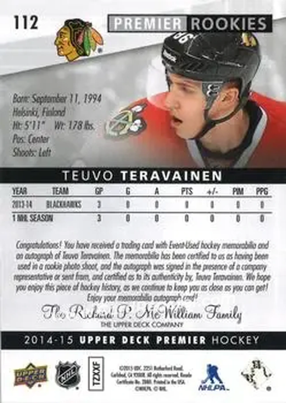 2014-15 Upper Deck Premier #112 - Teuvo Teravainen - Chicago Blackhawks - Back
