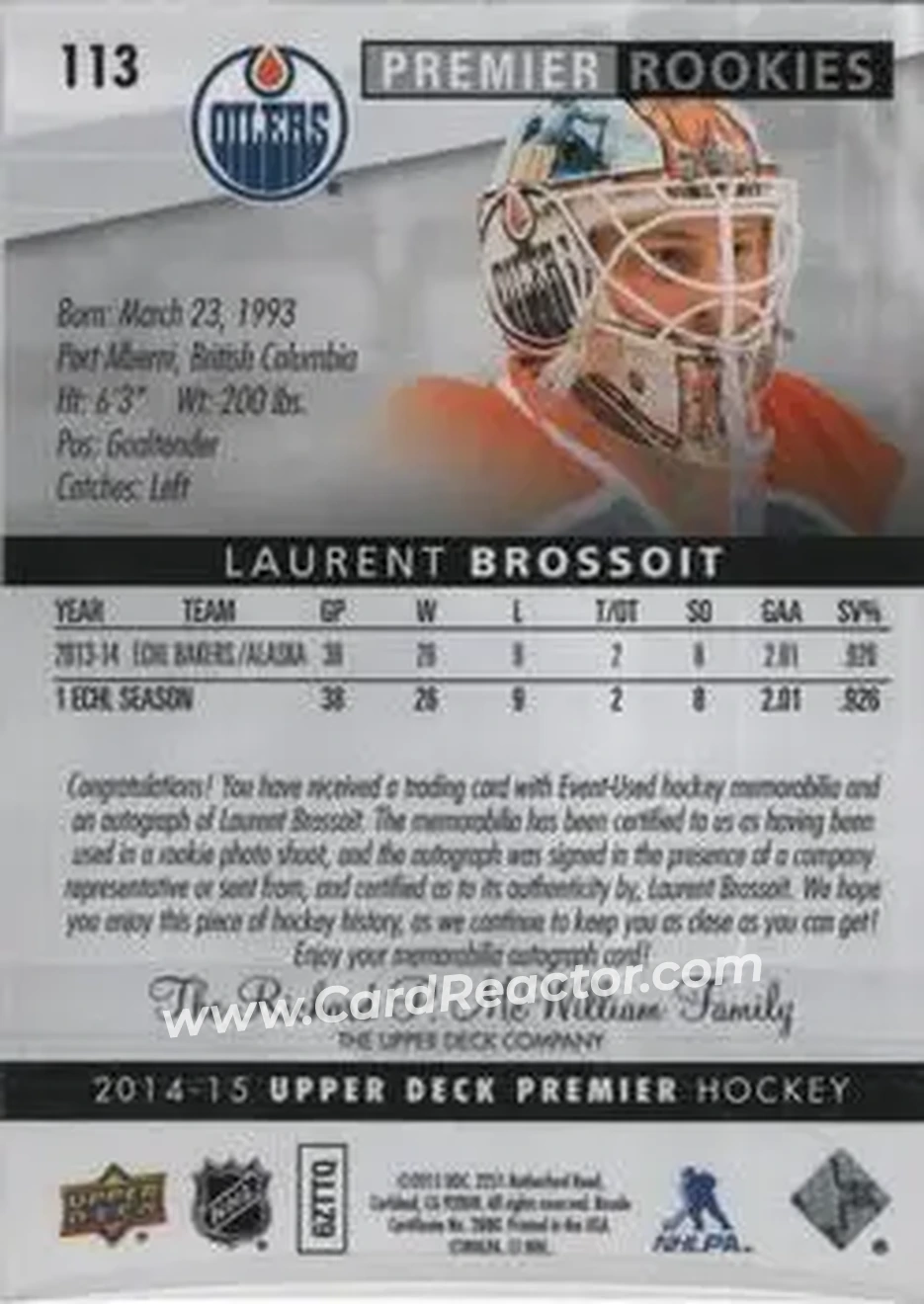 2014-15 Upper Deck Premier #113 - Laurent Brossoit - Edmonton Oilers - Back
