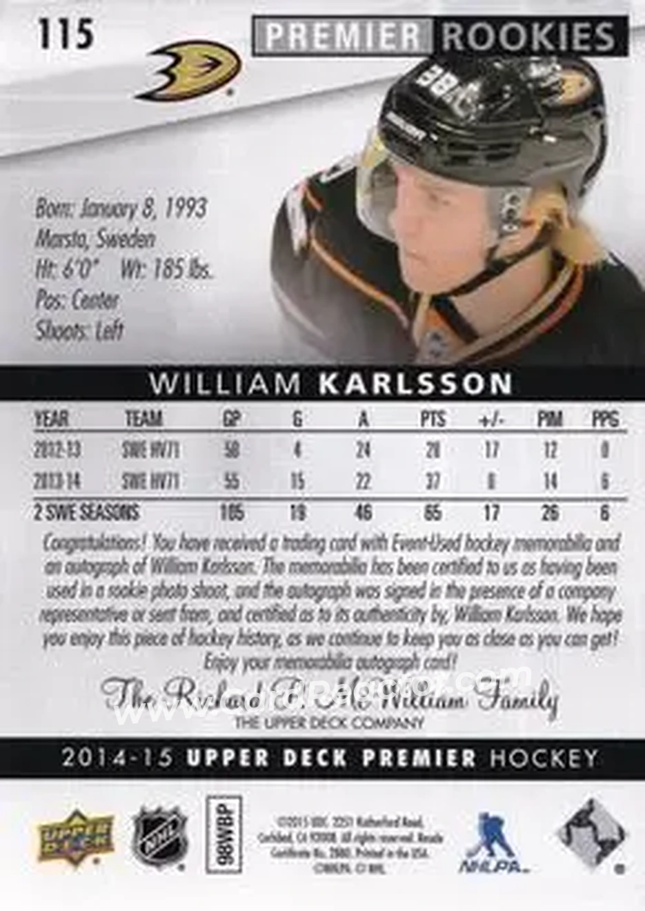 2014-15 Upper Deck Premier #115 - William Karlsson - Anaheim Ducks - Back